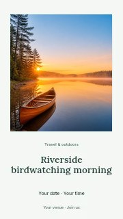 Wooden Canoe on Calm Lake at Sunrise in Riverside birdwatching morning instagram story · Quiet photo gallery