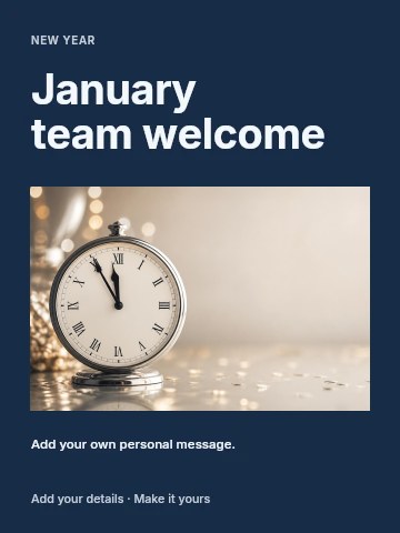 Silver clock showing one minute to midnight in January team welcome greeting card template