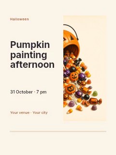 Halloween pumpkin bucket with assorted candy in Pumpkin painting afternoon · Split portrait