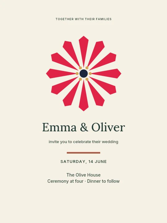 Ray flower · 12 petals and stamen centre in Olive garden · Wedding invitation