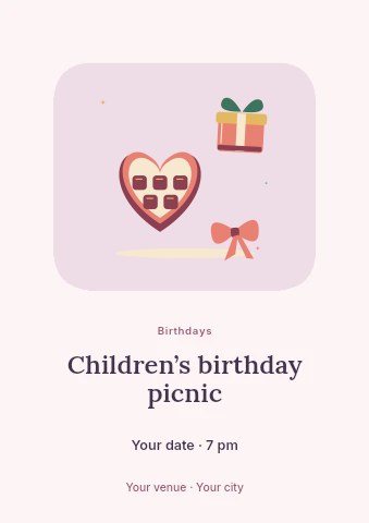 Birthday treats with chocolate and a ribboned gift in Children’s birthday picnic flyer template