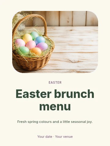 basket of colorful pastel Easter eggs in Easter brunch menu invitation template