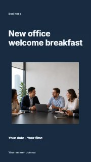 Diverse team discussing work in office in New office welcome breakfast instagram story · Modern programme
