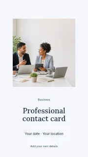Diverse professionals collaborating in office meeting in Professional contact card · Picture window