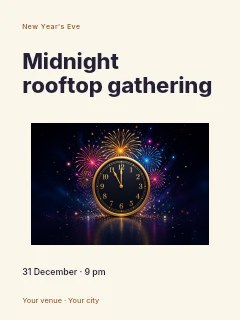 Golden clock at midnight with fireworks in Midnight rooftop gathering · Modern programme