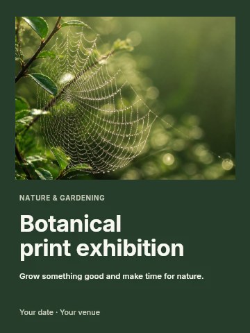 dew-covered spider web on green foliage in Botanical print exhibition invitation template