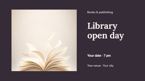 Open book with flying pages on light background in Library open day presentation cover template