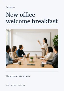 New office welcome breakfast flyer template · Title & photograph