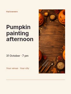 Carved Halloween pumpkins on wooden table in Pumpkin painting afternoon · Split portrait