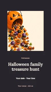 Halloween pumpkin bucket with assorted candy in Halloween family treasure hunt instagram story · Picture window