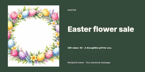 Floral Easter wreath with decorated eggs in Easter flower sale gift voucher template