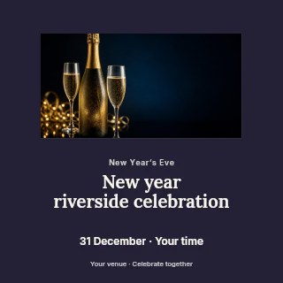 Chilled champagne bottle and two glasses in New Year riverside celebration social media post · Picture window