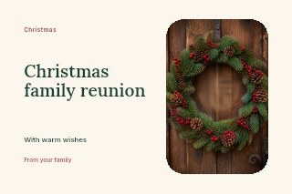 Festive Christmas wreath with pine cones and berries in Christmas family reunion · Horizontal photo dialogue