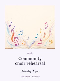 Open music book with colorful notes in Community choir rehearsal · Quiet photo gallery