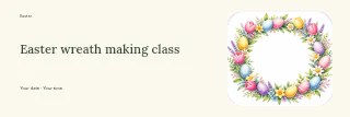 Floral Easter wreath with decorated eggs in Easter wreath making class banner · Horizontal photo dialogue