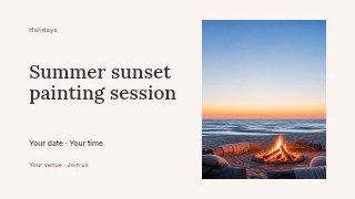 Cozy beach campfire at sunset in Summer sunset painting session presentation cover · Horizontal photo dialogue