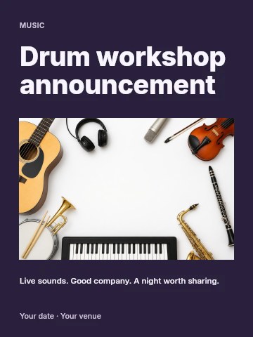 Various musical instruments and headphones in Drum workshop announcement invitation template