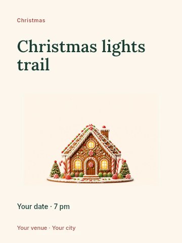 Decorated gingerbread house with candy accents in Christmas lights trail invitation template