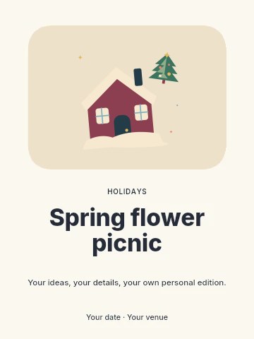 Snowy holiday cabin and winter fir in Spring flower picnic invitation template