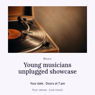 Vintage turntable playing vinyl record in Young musicians unplugged showcase social media post · Quiet photo gallery