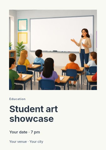Teacher instructing diverse elementary students in Student art showcase flyer template