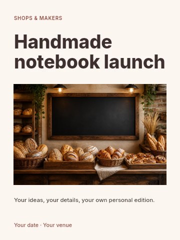 Rustic bakery display with assorted bread in Handmade notebook launch invitation template