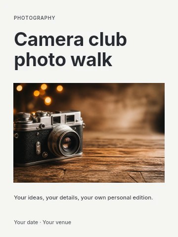 Vintage film camera on wooden surface in Camera club photo walk invitation template