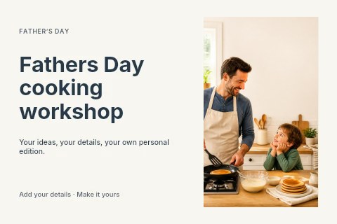 Father cooking pancakes with son in kitchen in Fathers Day cooking workshop postcard template