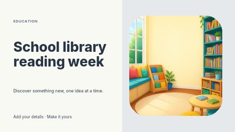 Children’s cozy reading nook with books in School library reading week presentation cover template