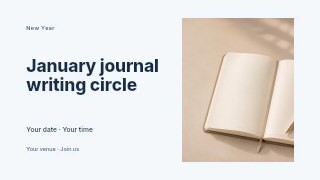 Open blank journal with pen on beige surface in January journal writing circle youtube thumbnail · Horizontal photo dialogue