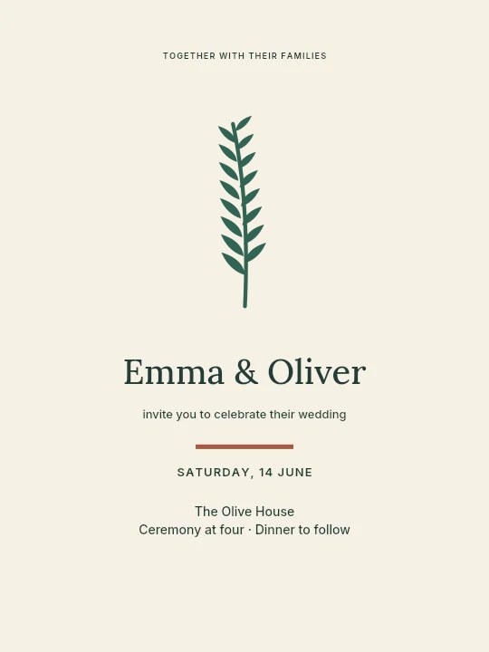 Willow foliage · upright arrangement with 8 leaf pairs in Olive garden · Wedding invitation