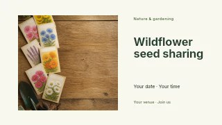 Flower Seed Packets with Gardening Tools in Wildflower seed sharing presentation cover · Horizontal photo dialogue