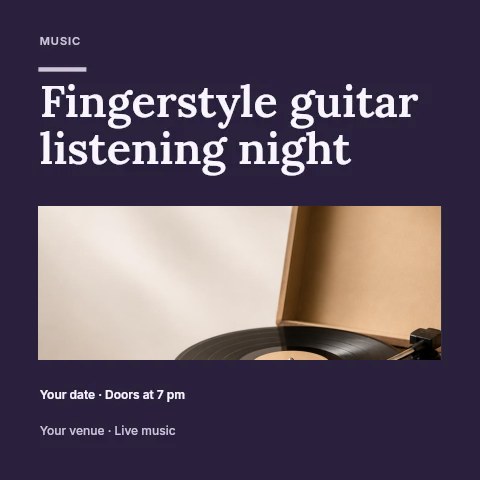 Vintage turntable playing vinyl record in Fingerstyle guitar listening night social media post · Picture window