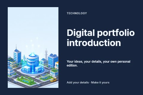 Futuristic smart city model with drones in Digital portfolio introduction postcard template