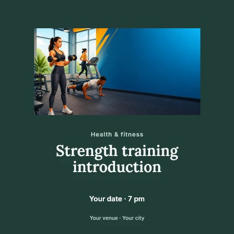 People exercising in gym with weights and treadmill in Strength training introduction social media post template