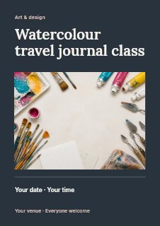 Watercolour travel journal class flyer template · Title & photograph