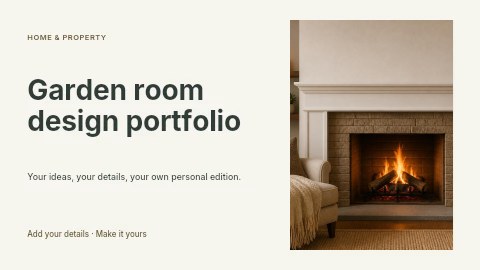 Cozy armchair by lit fireplace in Garden room design portfolio presentation cover template