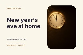 Golden clock striking midnight in New Year’s Eve at home · Horizontal photo dialogue