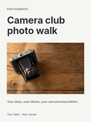 Vintage folding camera on wooden table in Camera club photo walk invitation template