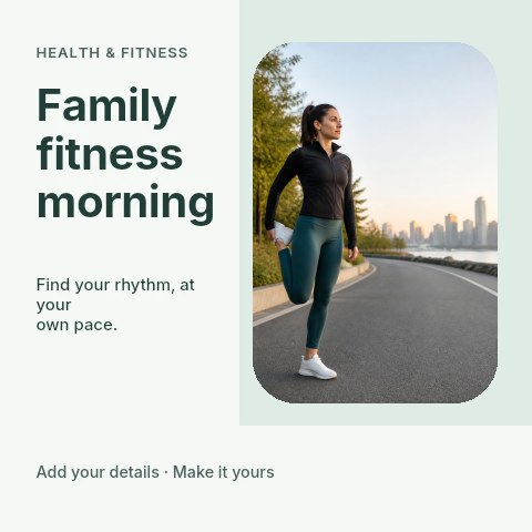 Woman stretching leg before run outdoors in Family fitness morning social media post template