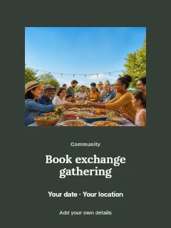 Outdoor community potluck gathering in Book exchange gathering · Picture window