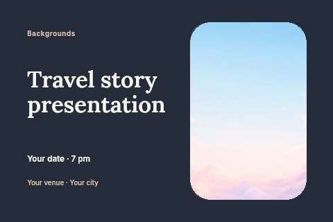 Soft pastel sky with fluffy clouds in Travel story presentation postcard template
