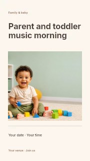 Smiling toddler playing with colorful blocks in Parent and toddler music morning instagram story · Title & photograph