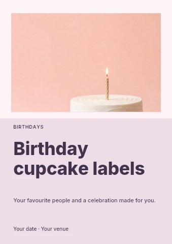 Simple white birthday cake with single candle in Birthday cupcake labels flyer template