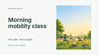 Morning mobility class presentation cover template · Horizontal photo dialogue