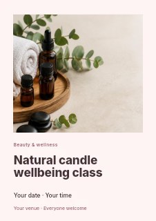 Spa essentials with essential oils and hot stones in Natural candle wellbeing class flyer · Gallery editorial