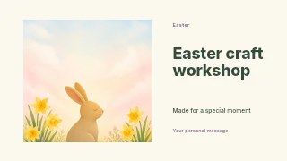 Calm bunny among spring flowers in Easter craft workshop · Horizontal photo dialogue