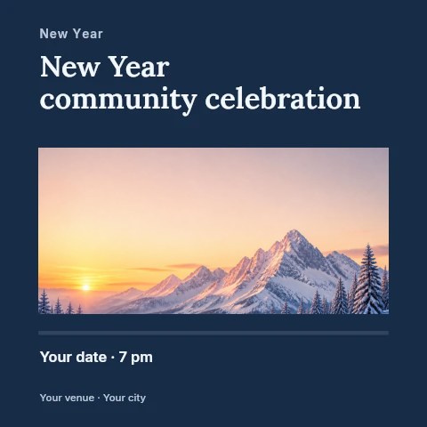 Snowy mountain range at sunset in New Year community celebration social media post template