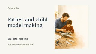 Father and son assembling model airplane in Father and child model making presentation cover · Horizontal photo dialogue
