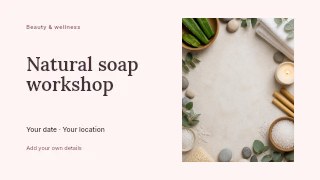 Spa essentials flatlay with natural elements in Natural soap workshop · Horizontal photo dialogue